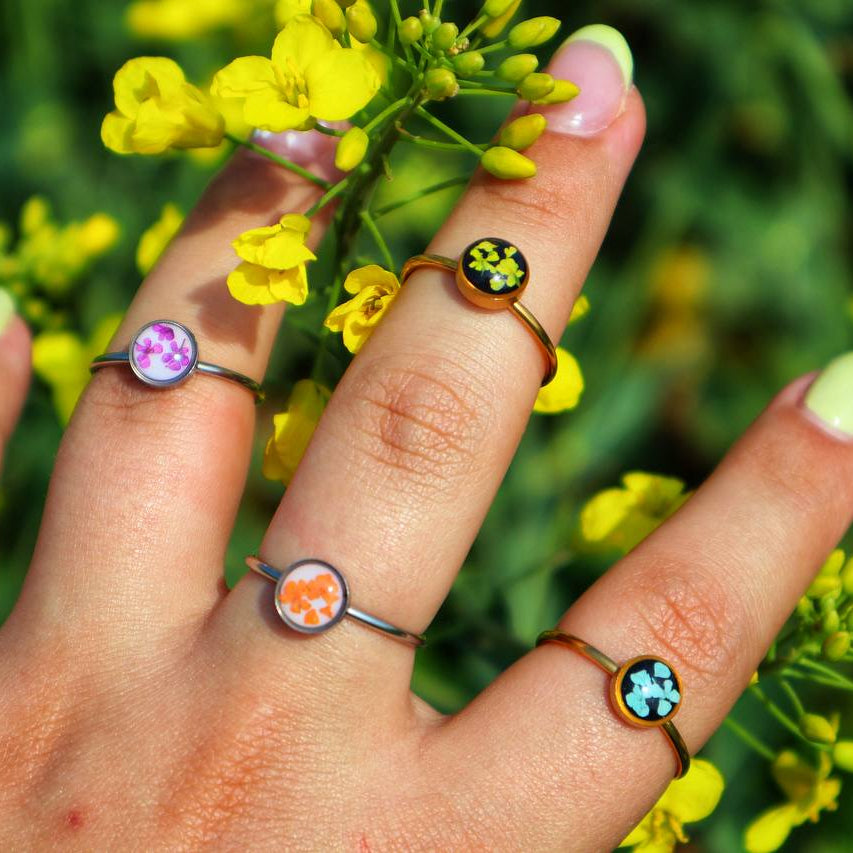 Anello basic mini in acciaio inossidabile con fiorellini del Pizzo della Regina Anna sfondo nero