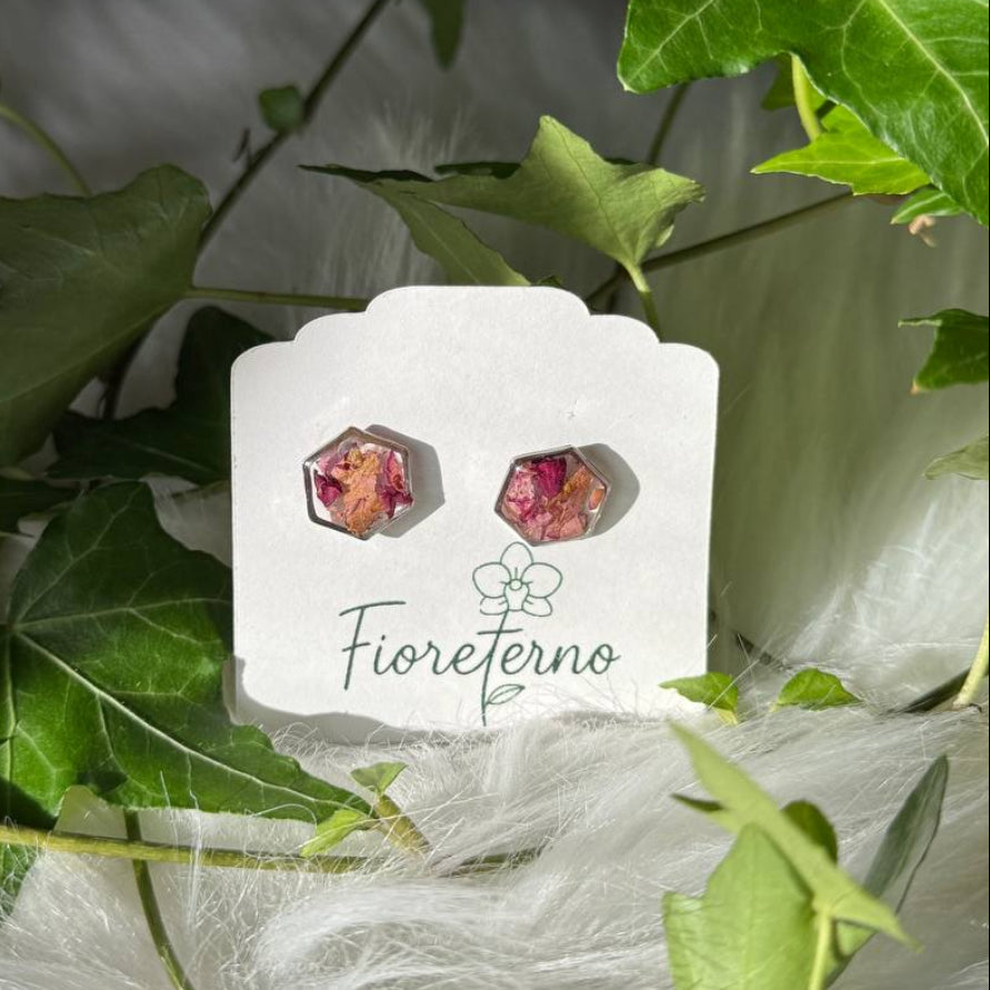 Orecchini a lobo argento in acciaio inossidabile con petali di Rosa rossa