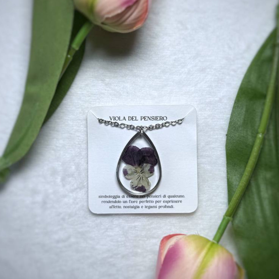 Collana in acciaio inossidabile e ciondolo a goccia con  Viola del Pensiero