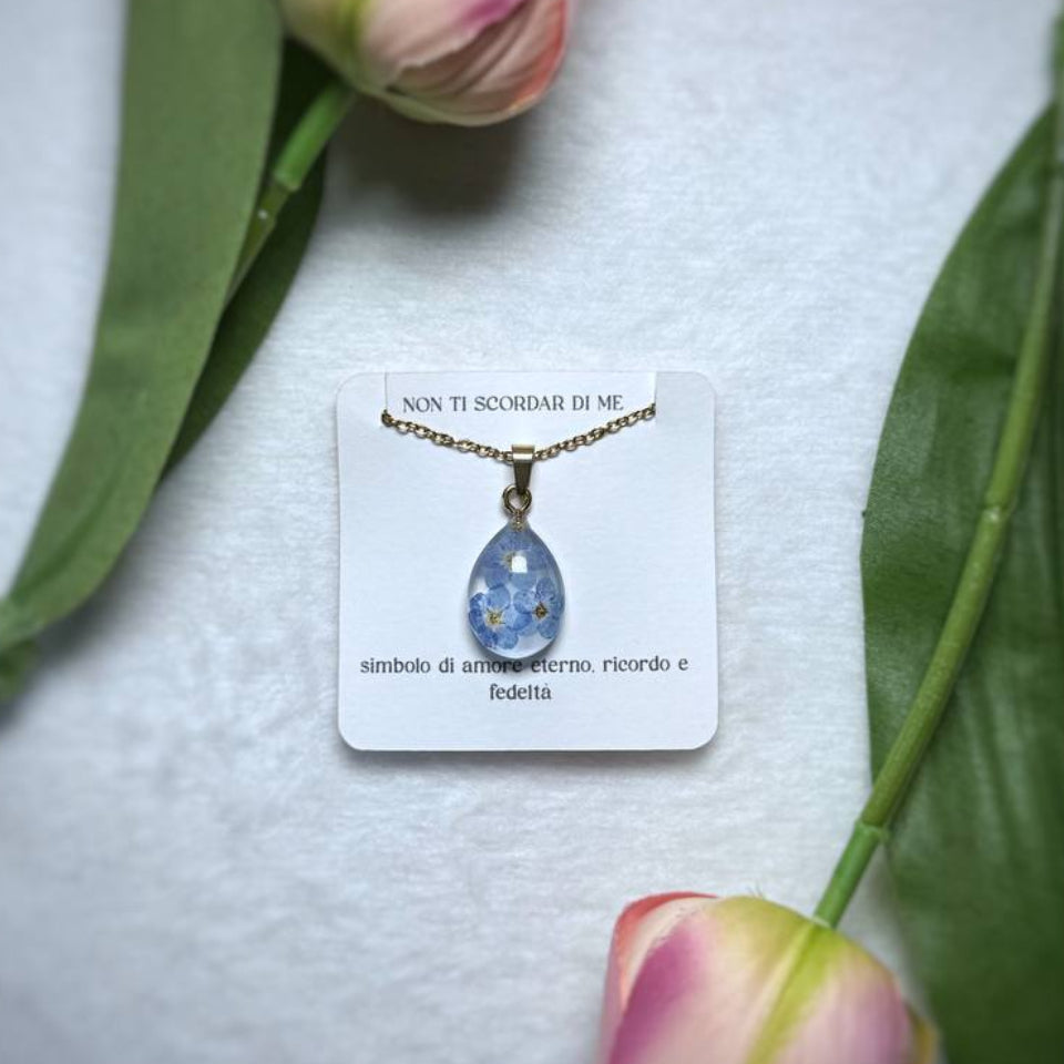 Collana in acciaio inossidabile e ciondolo a goccia con fiore Non ti Scordar di Me