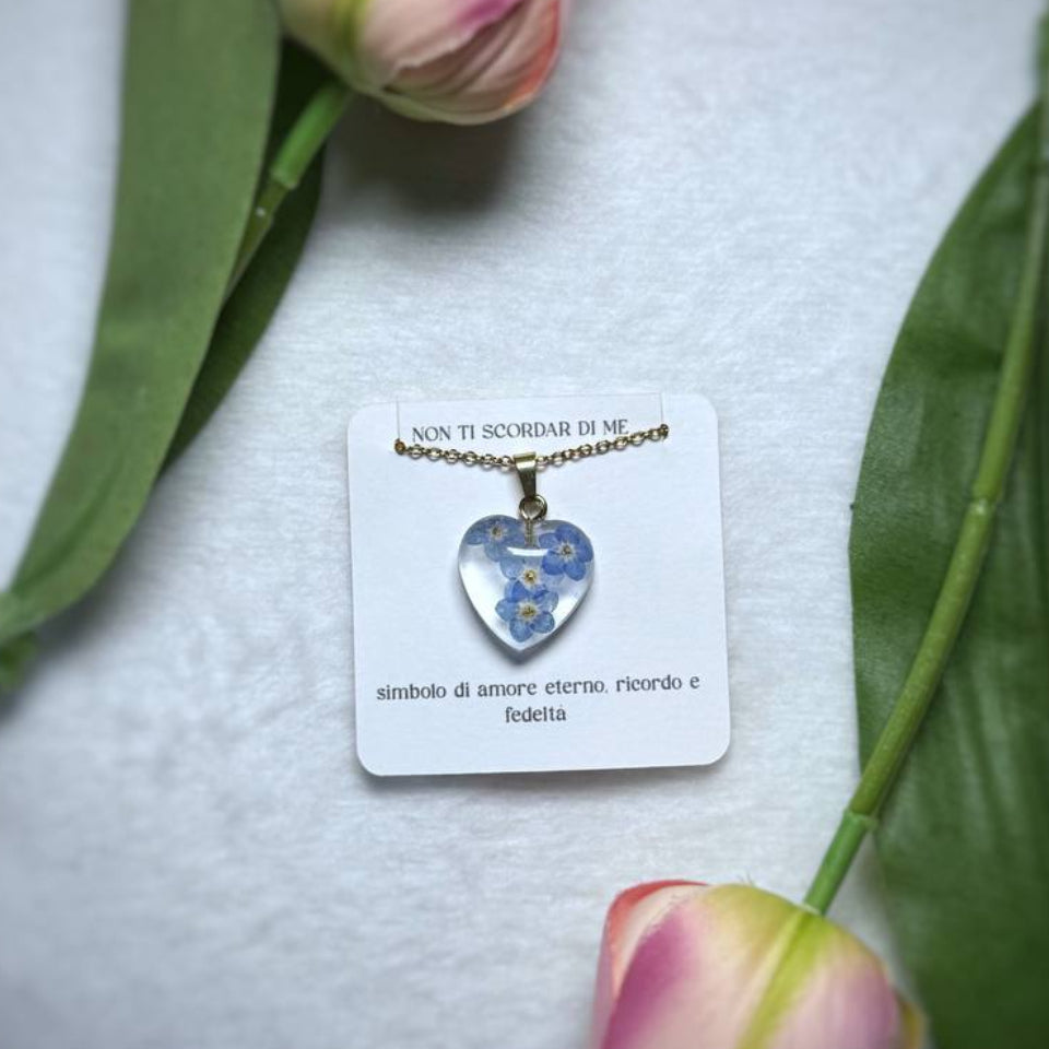 Collana in acciaio inossidabile e ciondolo a cuore con fiore Non ti Scordar di Me