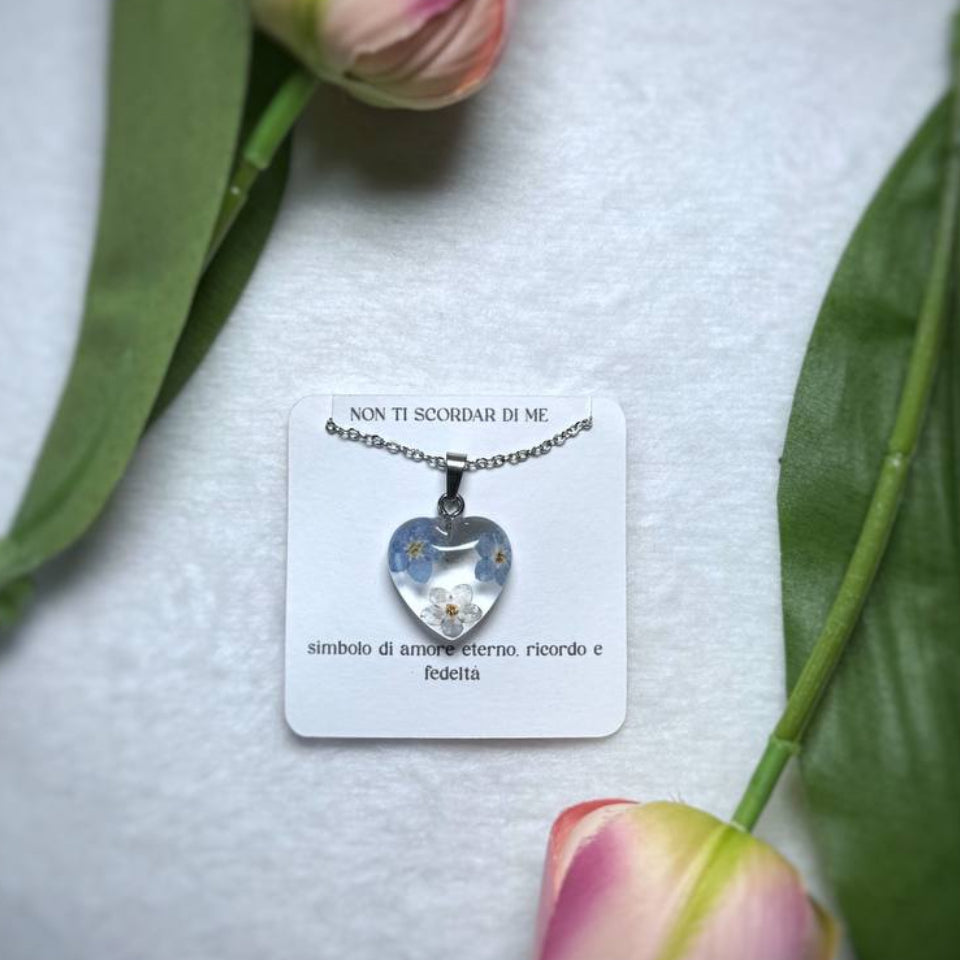Collana in acciaio inossidabile e ciondolo a cuore con fiore Non ti Scordar di Me