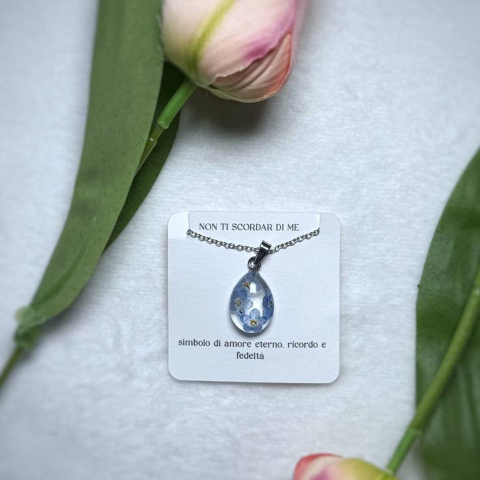 Collana in acciaio inossidabile e ciondolo a goccia con fiore Non ti Scordar di Me