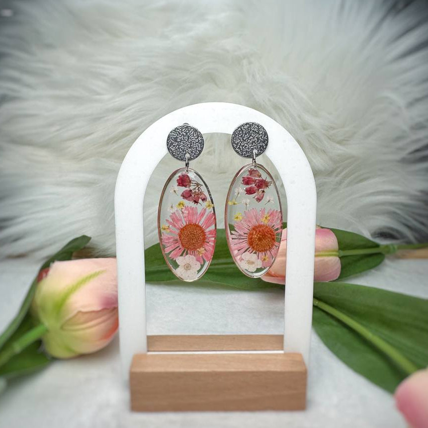 Orecchini pendenti in acciaio inossidabile con ovale Floreale