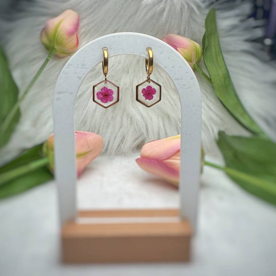 Orecchini pendenti in acciaio inossidabile a rombo oro con Narciso Selvatico rosa