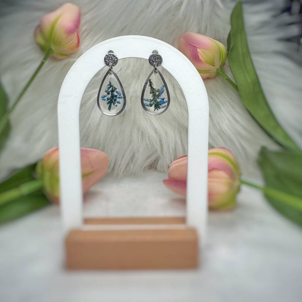 Orecchini pendenti in acciaio inossidabile argento a goccia con Erica Calluna "Picasso Blue"