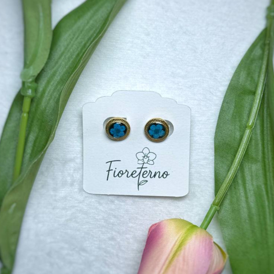 Orecchini Bottone vintage in acciaio inossidabile oro con Narciso Selvatico Blu