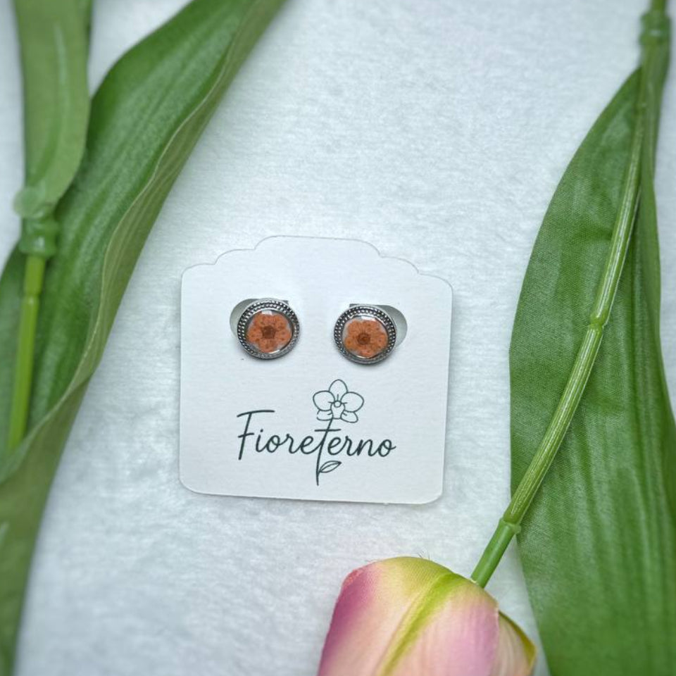 Orecchini Bottone vintage in acciaio inossidabile argento con Narciso Selvatico Arancio