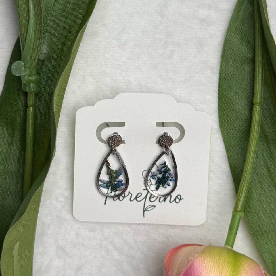 Orecchini pendenti in acciaio inossidabile argento a goccia con Erica Calluna "Picasso Blue"