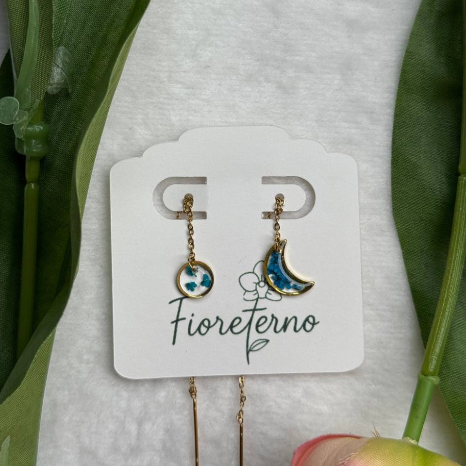 Orecchini pendenti sole/luna in acciaio inossidabile con fiorellini Pizzo della Regina Anna