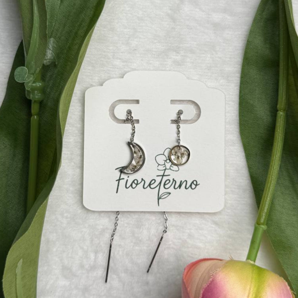 Orecchini pendenti sole/luna in acciaio inossidabile con fiorellini Pizzo della Regina Anna